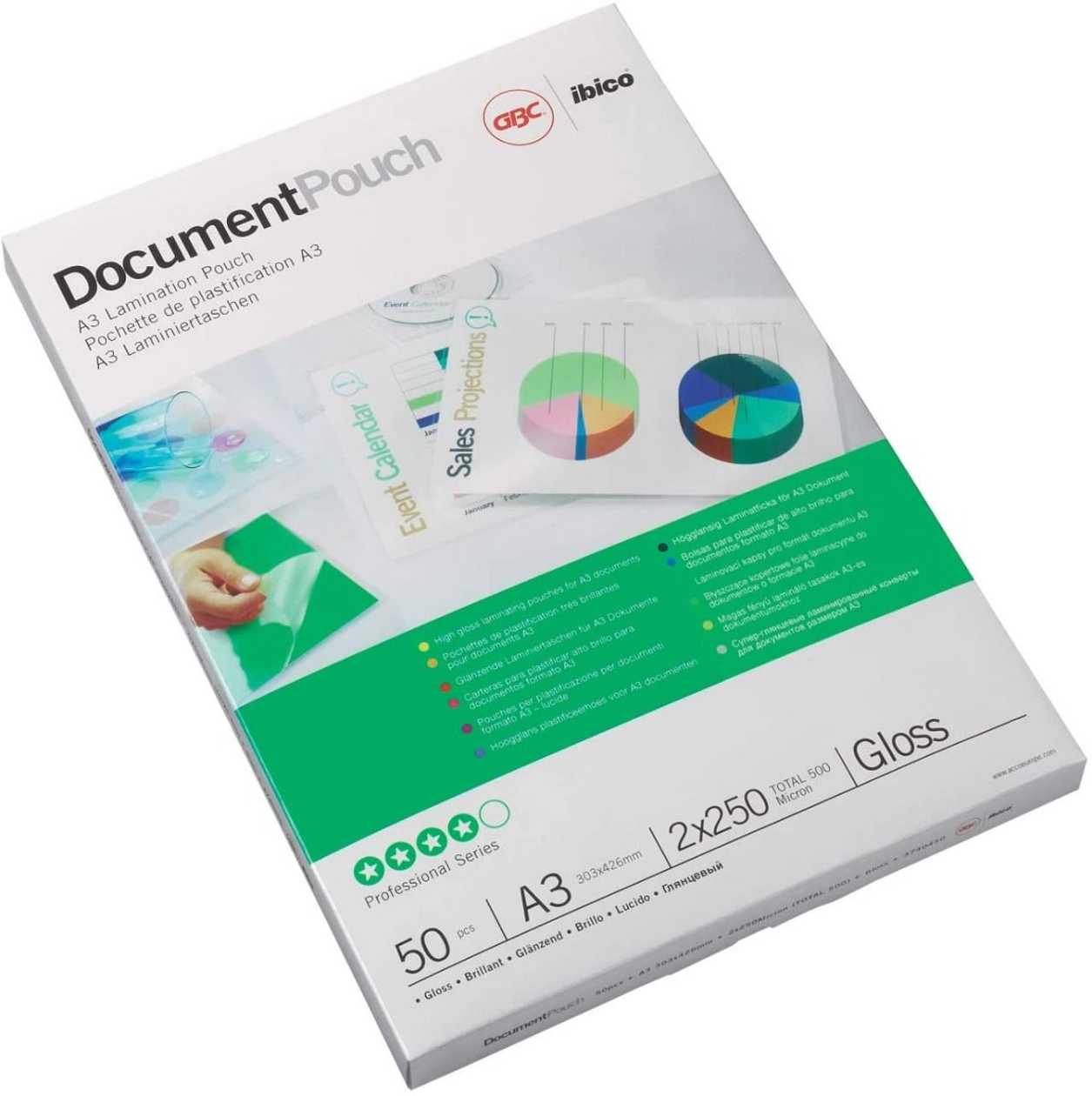 Laminating Film A3 250Mic, 50 Films Per Pack, gbc Document Laminating Pouches gloss