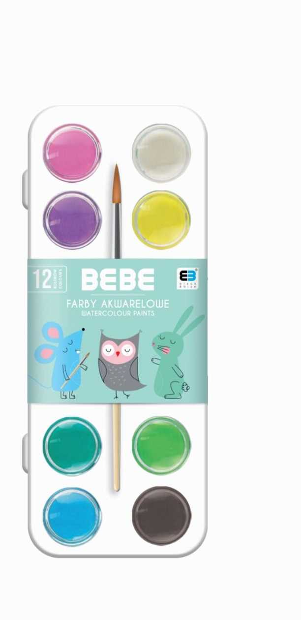 Watercolours Bebe Kids Pastel, 12 Colours + Brush, Plastic Box Interdruk