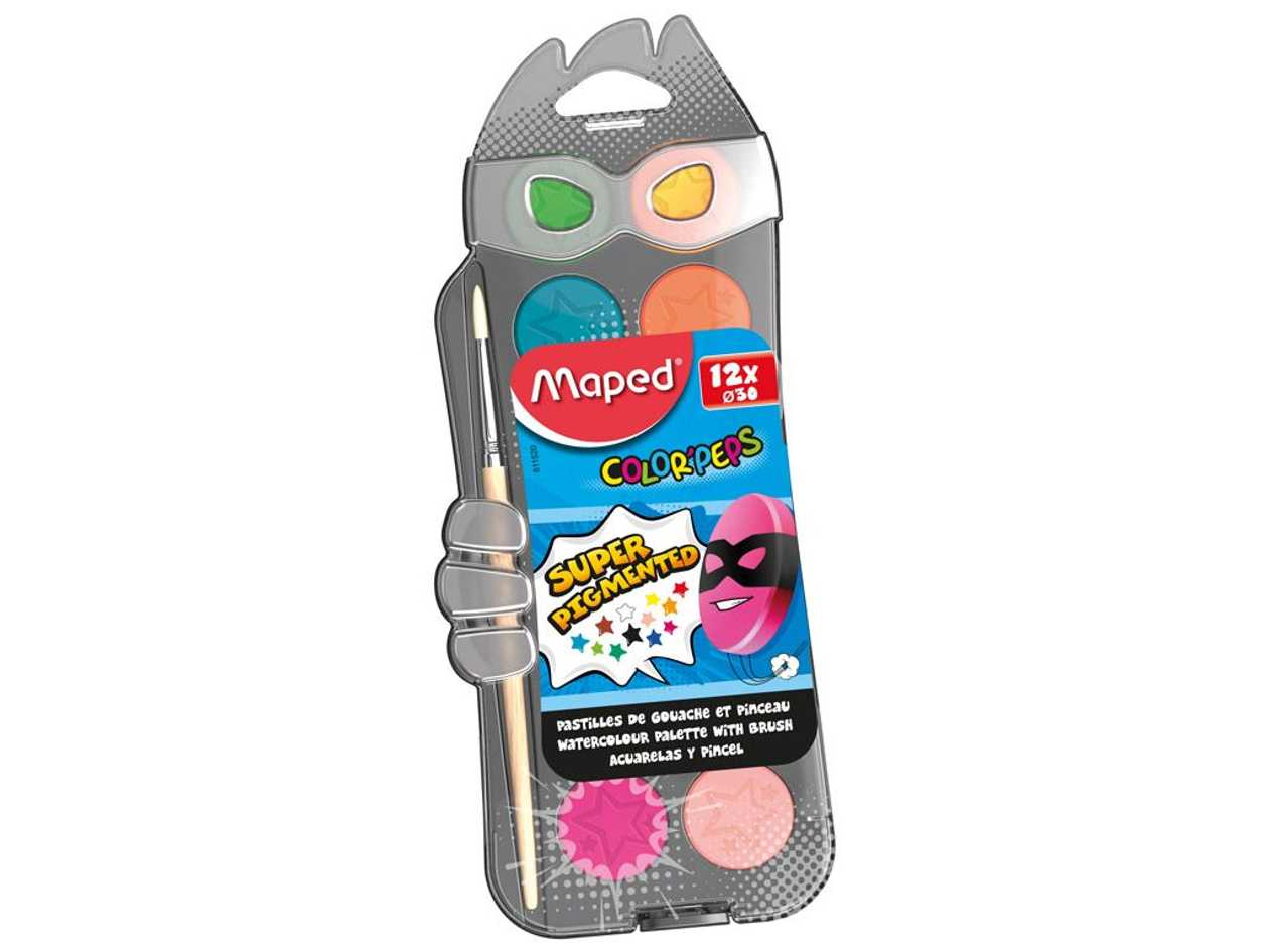 Watercolor Paints 12 Buttons + Brush In A Plastic Box, Maped