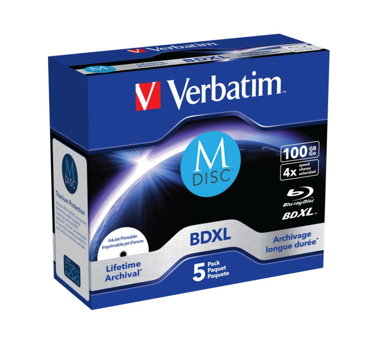 Bd-Xl Verbatim M-Disc 100 gb 4X Titanium Blu-Ray Inkjet Printable Jewel Case (1Pack - 5 pcs. Per Pack), Lifetime Archival, for Bd-Xl Blu-Ray Writer