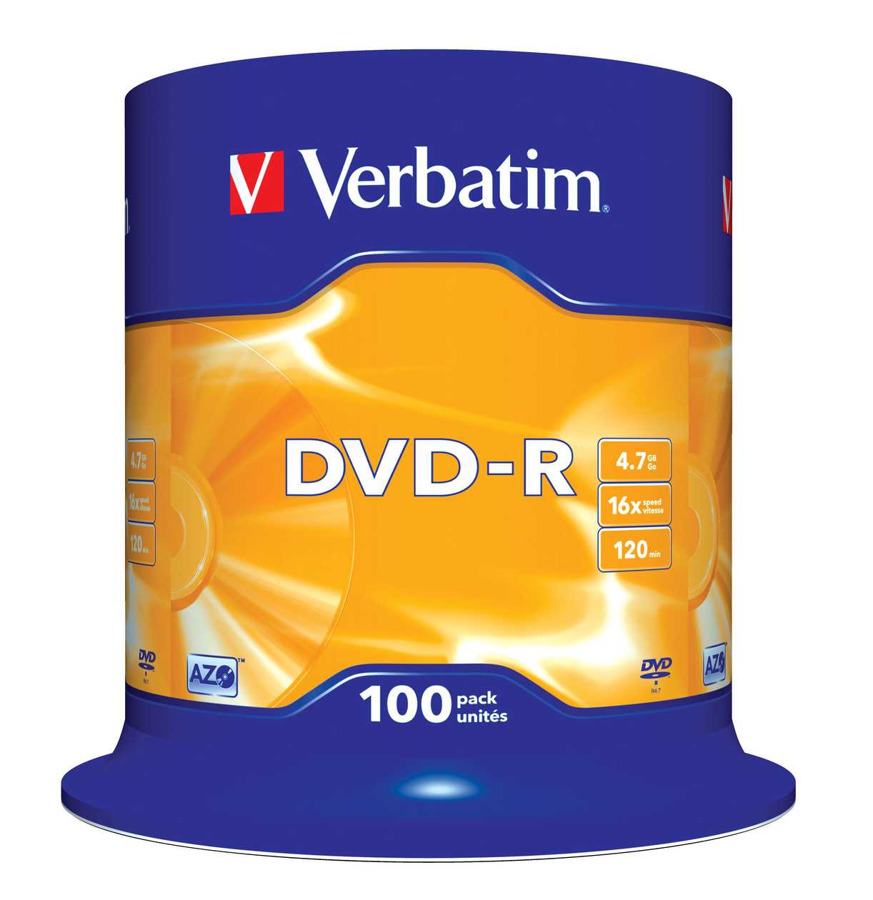 Dvd-R Verbatim 4,7 gb 120Min 16X Cake 100, Advanced Azo+ Protection, Recordable, 100 Raw Sticks Per Tower