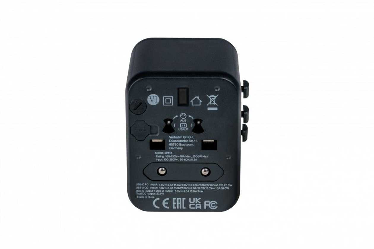 Travel Adapter Verbatim World-To-World Adapter Uta-02, 1XUSB-C Pd 20W, 1XUSB-A Qc3.0, Overvoltage Protection, Black, Suitable for Eur/Uk/Usa/Jap/Aus