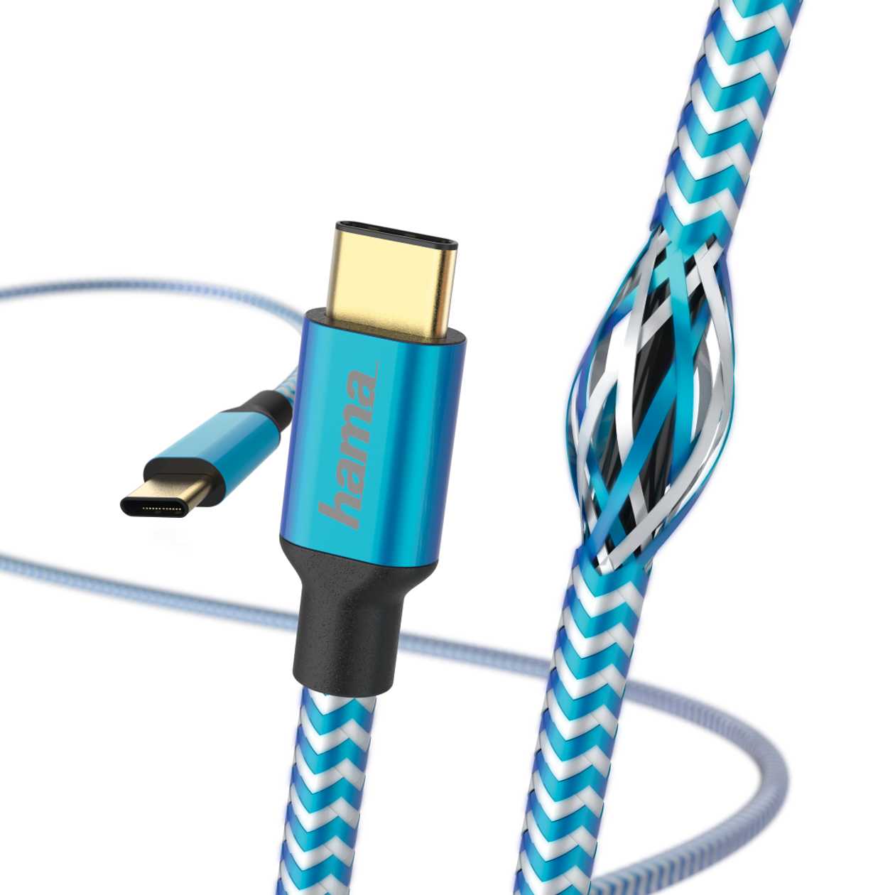 USB Cable USB-C To USB-C 1.5M Hama Bright Nylon Cover, Blue-White, Amperage Up To 3A 20V, USB-C Plug/USB-C Plug USB2.0 Speed Up To 480Mbps