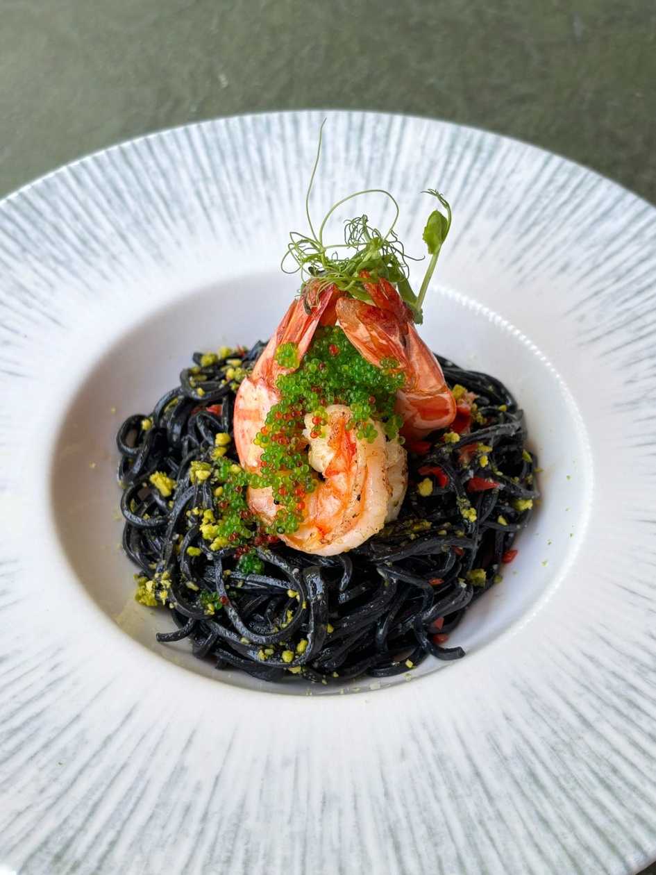Squid Ink Spaghetti with Shrimps