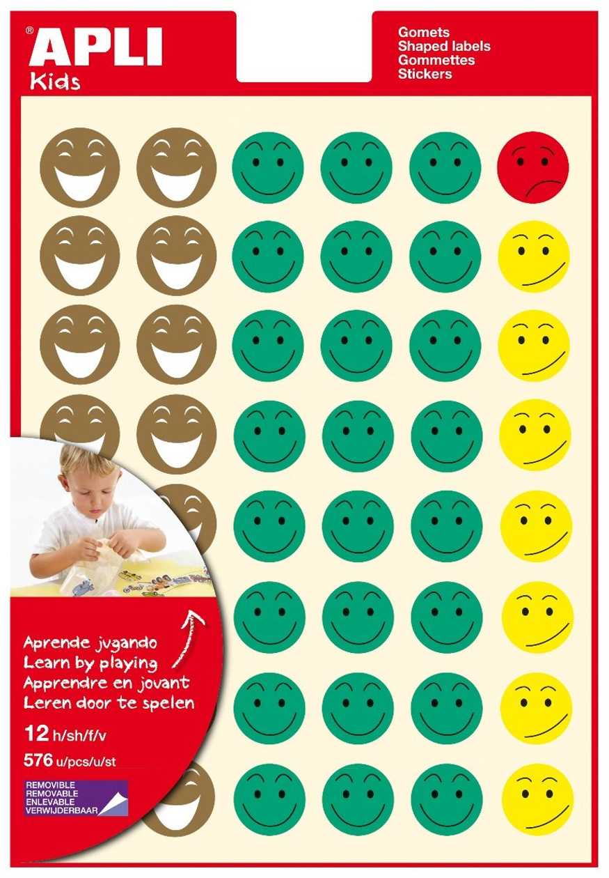 Label Apli Happy Face Ref.11680, Removable 12 Sheets/p kg., 576 Stickers-4 Assortments