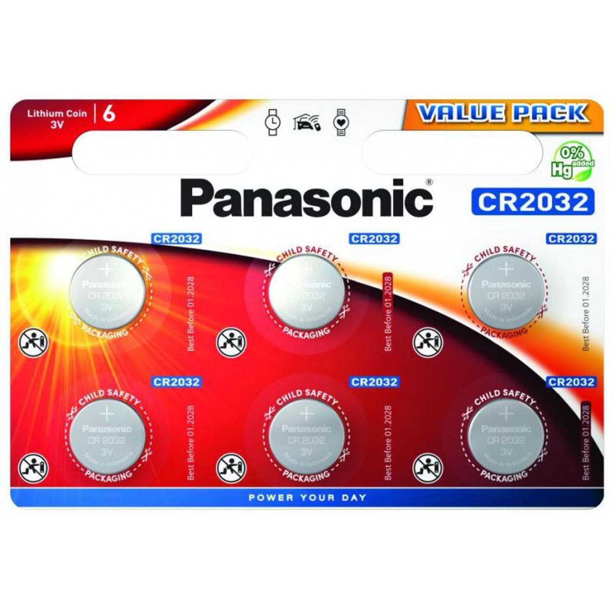 Batteries Panasonic Cr2032/6b, 6 Batteries, 3v Lithium 220 mah Diam 20 mm H 3.2mm