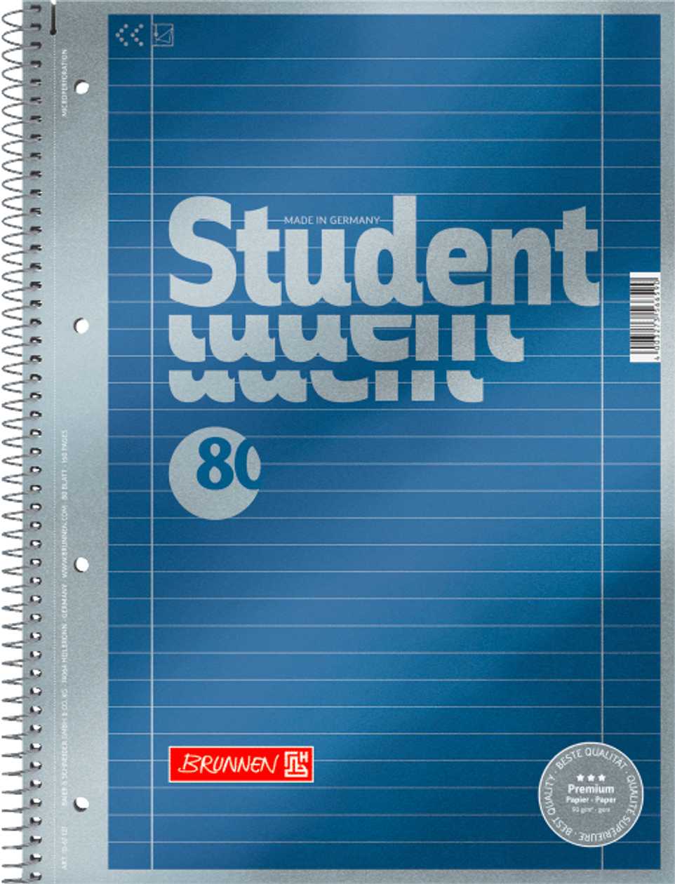 Folder A4 80 l. 90 g/m2 Lined, Spiral Binding 4 Holes, Tear-out Pages, Lined Sides, Student Premium, Brunnen