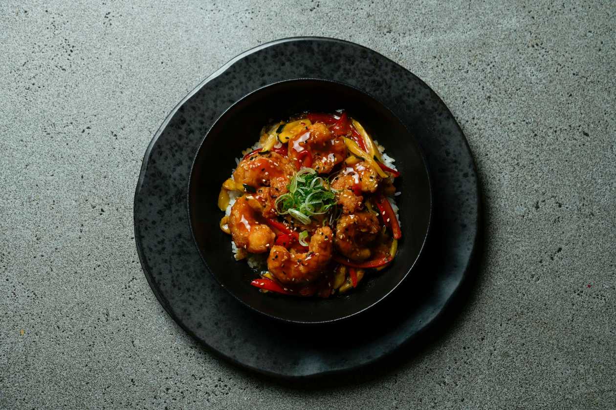 Orange prawns bowl