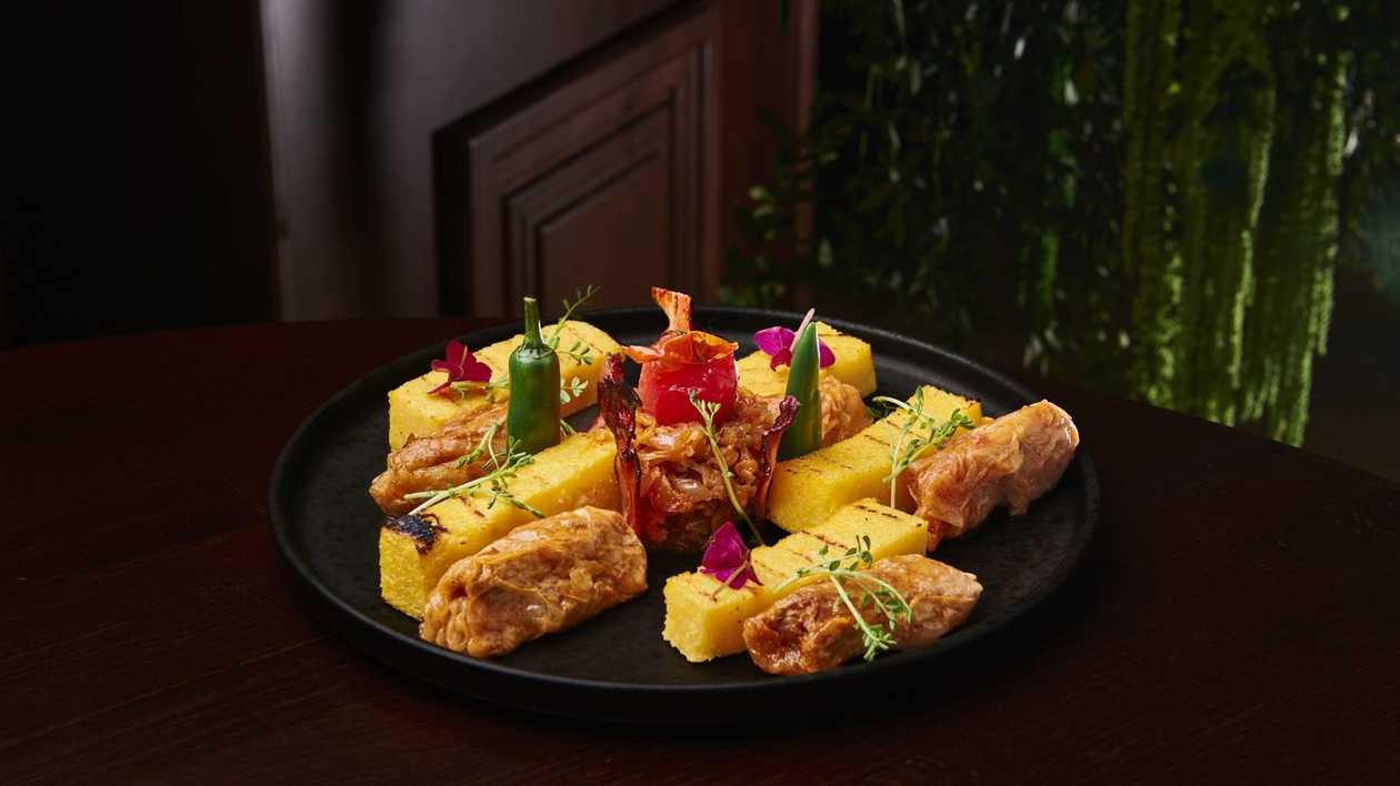 Pork and Beef Sarmale, Slow Cooked, Served with Polenta and Hot Pepper