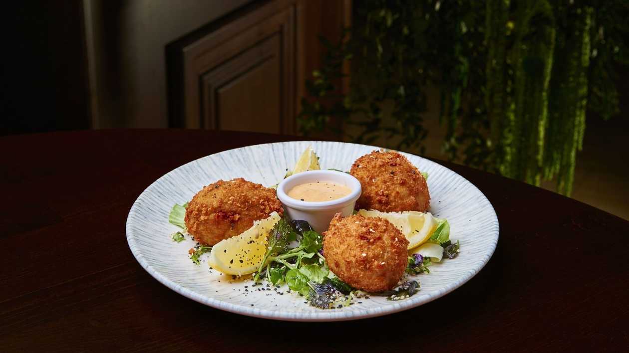Fried Pork Brain with Camembert Cheese Sauce and Mixed Salad