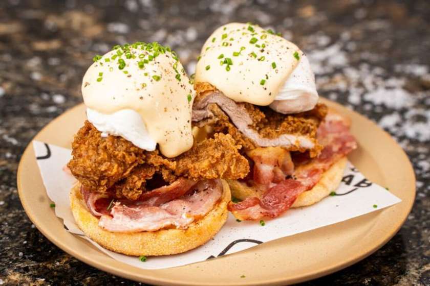 Fried Chicken & Bacon Benedict with Eggs