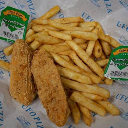 Chicken pieces in batter with french fries