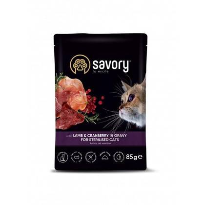 Savory пауч для стерилізованих котів з ягням та журавлиною у соусі