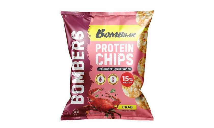 BOMBBAR მარცვლეულის პროტეინის ჩიფსი კრაბით 50 გრ.