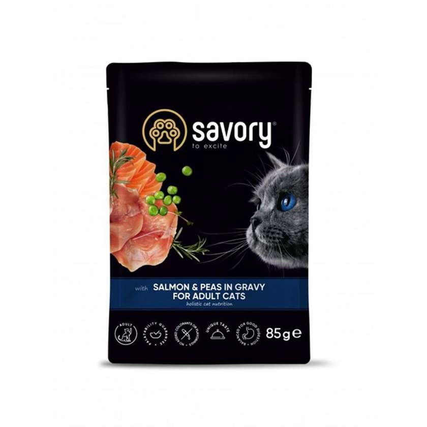 Savory пауч для дорослих котів з лососем та горошком у соусі