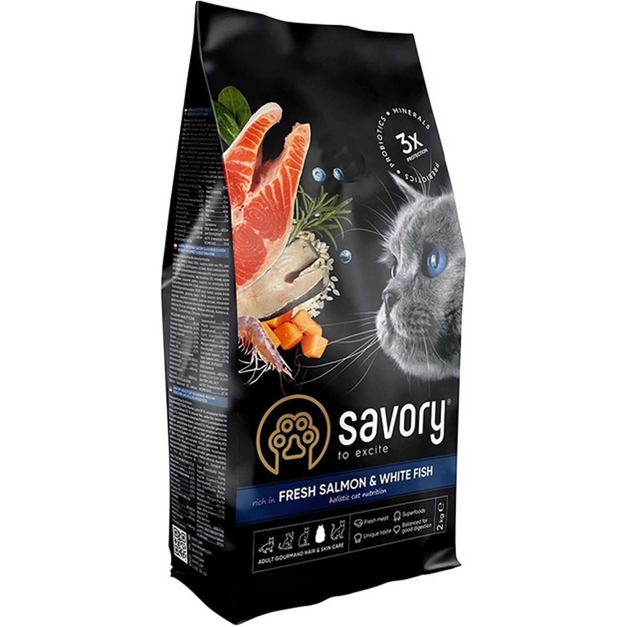 Savory сухий корм для довгошерстих котів зі свіжим лососем і білою рибою (2кг)