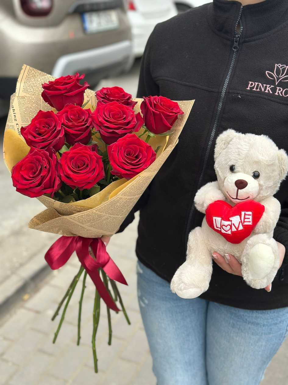 Bouquet with 9 Red Roses and Teddy Bear