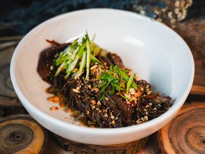 Buckwheat noodles with pork and cucumber salsa