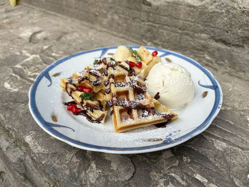 Waffles with chocolate and banana