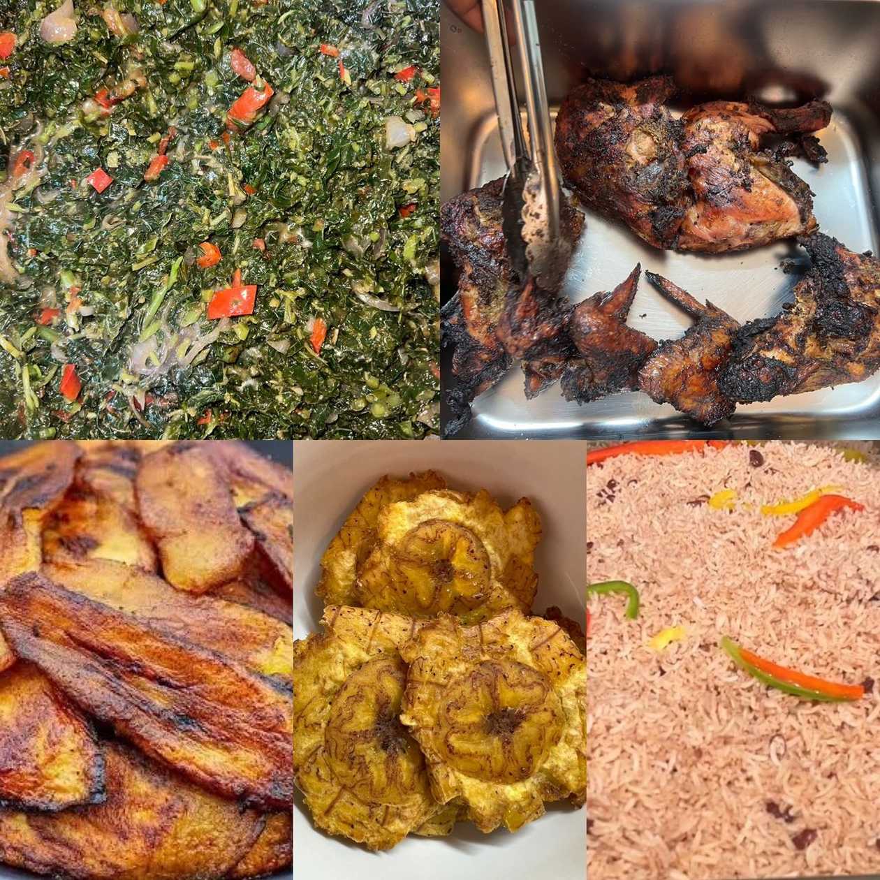 Jamaican Jerk Chicken Meal - Rice & Peas, Plantain, Calloloo/ Coleslaw with Gravy