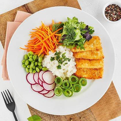 Asian style salad with fried cheese abd edamame