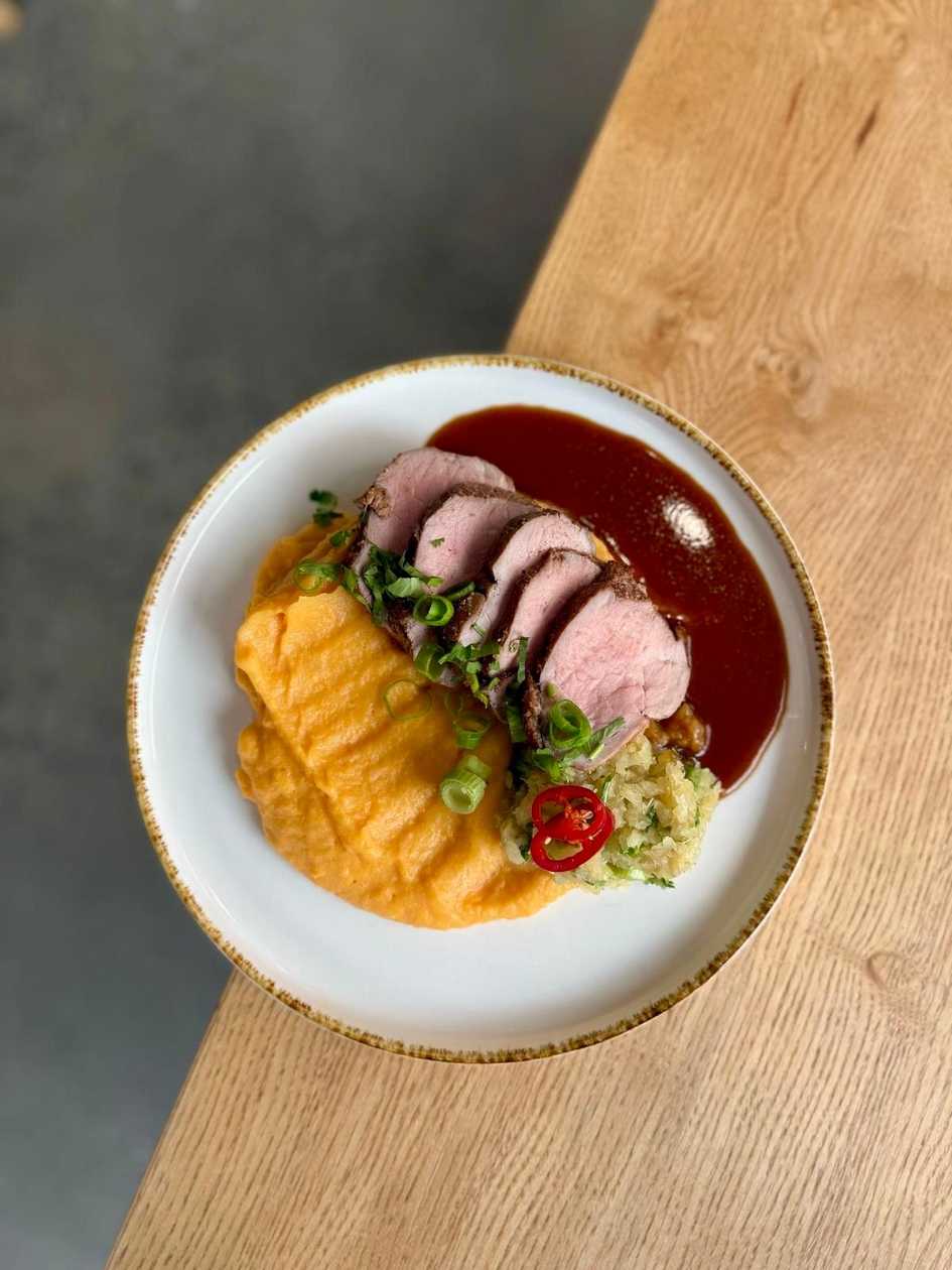 JERK Pork tenderloin with sweet potato and potato purée and pineapple salsa