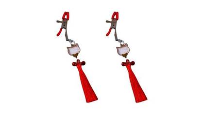 Mokko Nipple Clamps with decorative tassels and bells - red