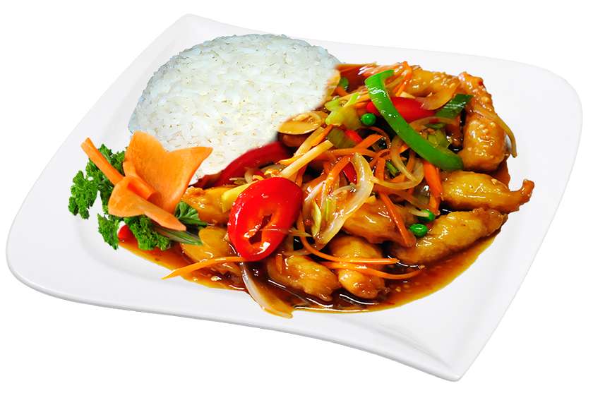 Chicken strips of five flavours with rice