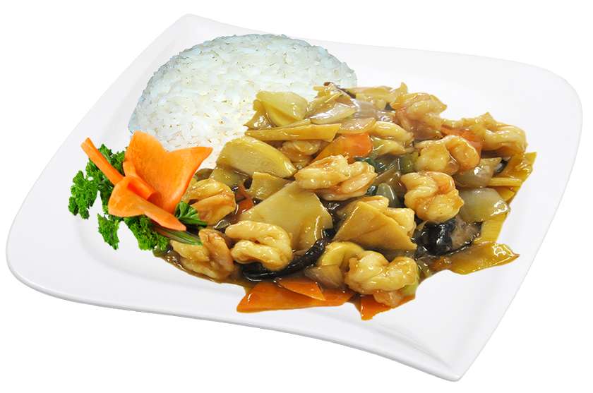 Shrimp with bamboo and mushrooms, rice