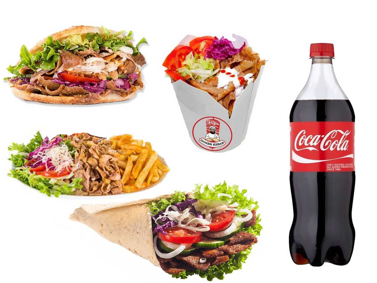 Pita Kebab + Durum Kebab + Kebab on a Plate + Doner Box + Coca-Cola (100cl)