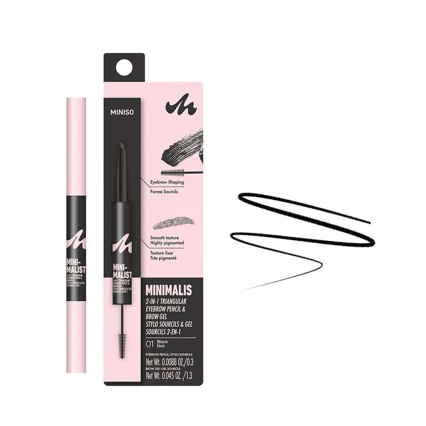 წარბის ფანქარი და გელი/Minimalist 2-in-1 Triangular Eyebrow Pencil & Brow Gel (01 Black)