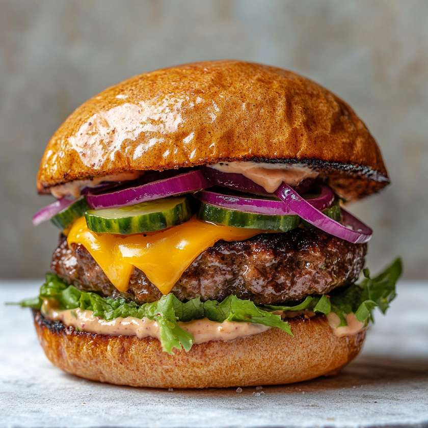 Double beef burger with bacon and onion rings