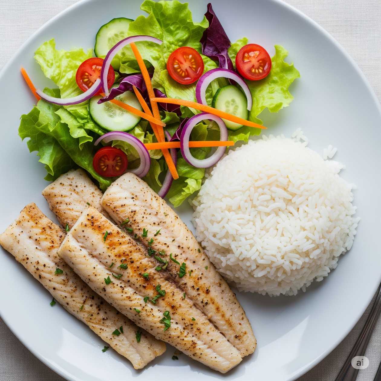 Filetes de Pescada com Arroz e Salada