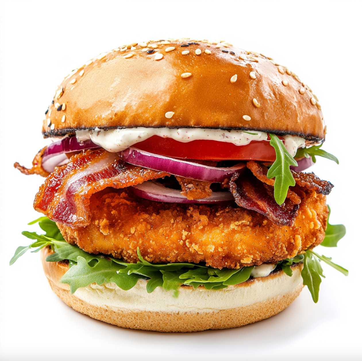 Crispy chicken burger with bacon and onion rings