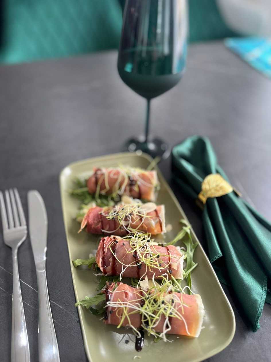 Prosciutto Rolls with Mint, Cheese, Honey, Pear and Peanut Butter
