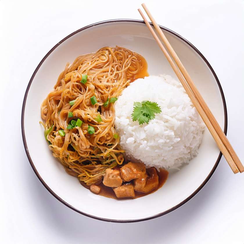 Asian stallholder noodles, steamed rice