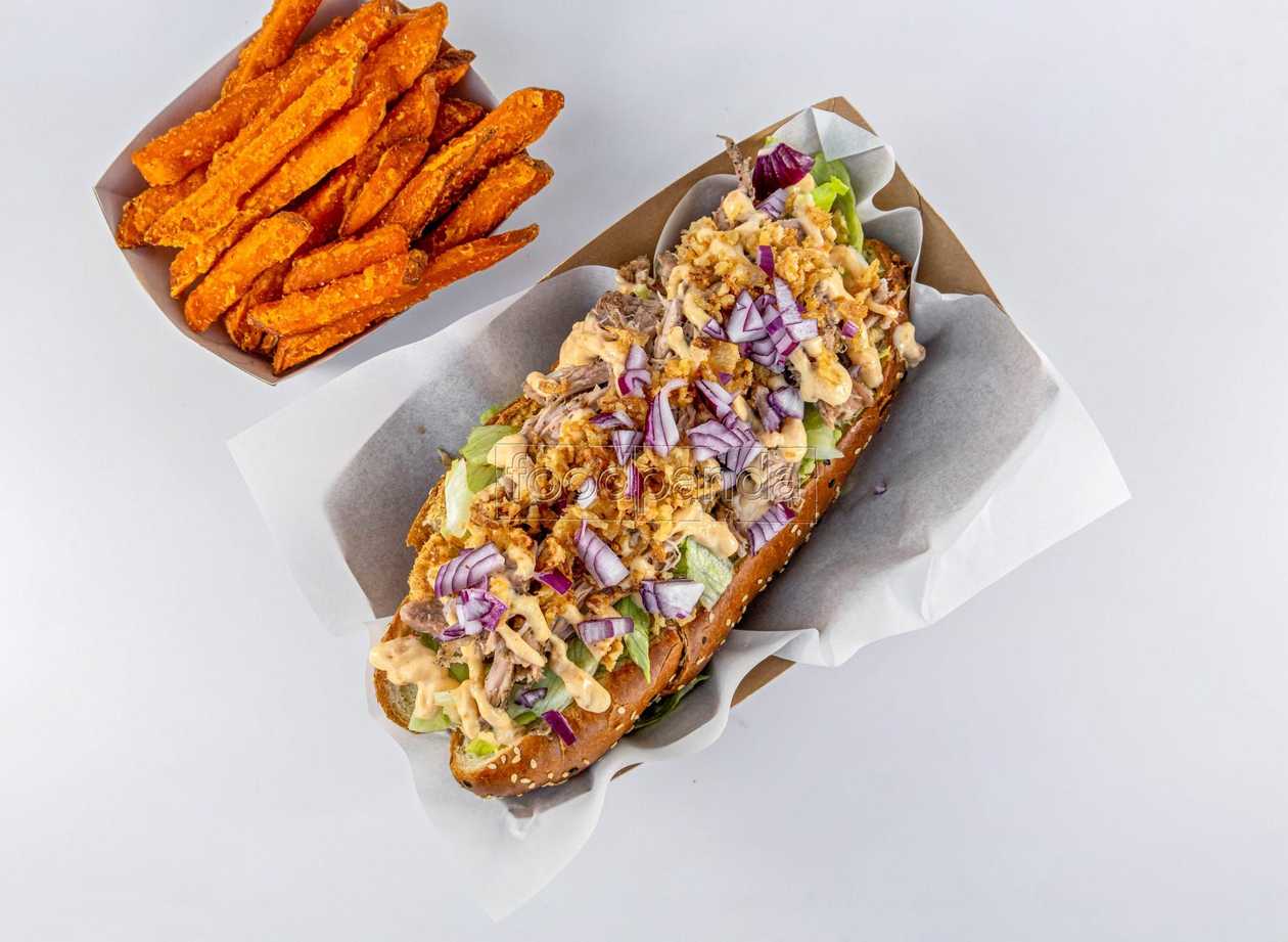 Baguette with shredded pork and sweet potato fries