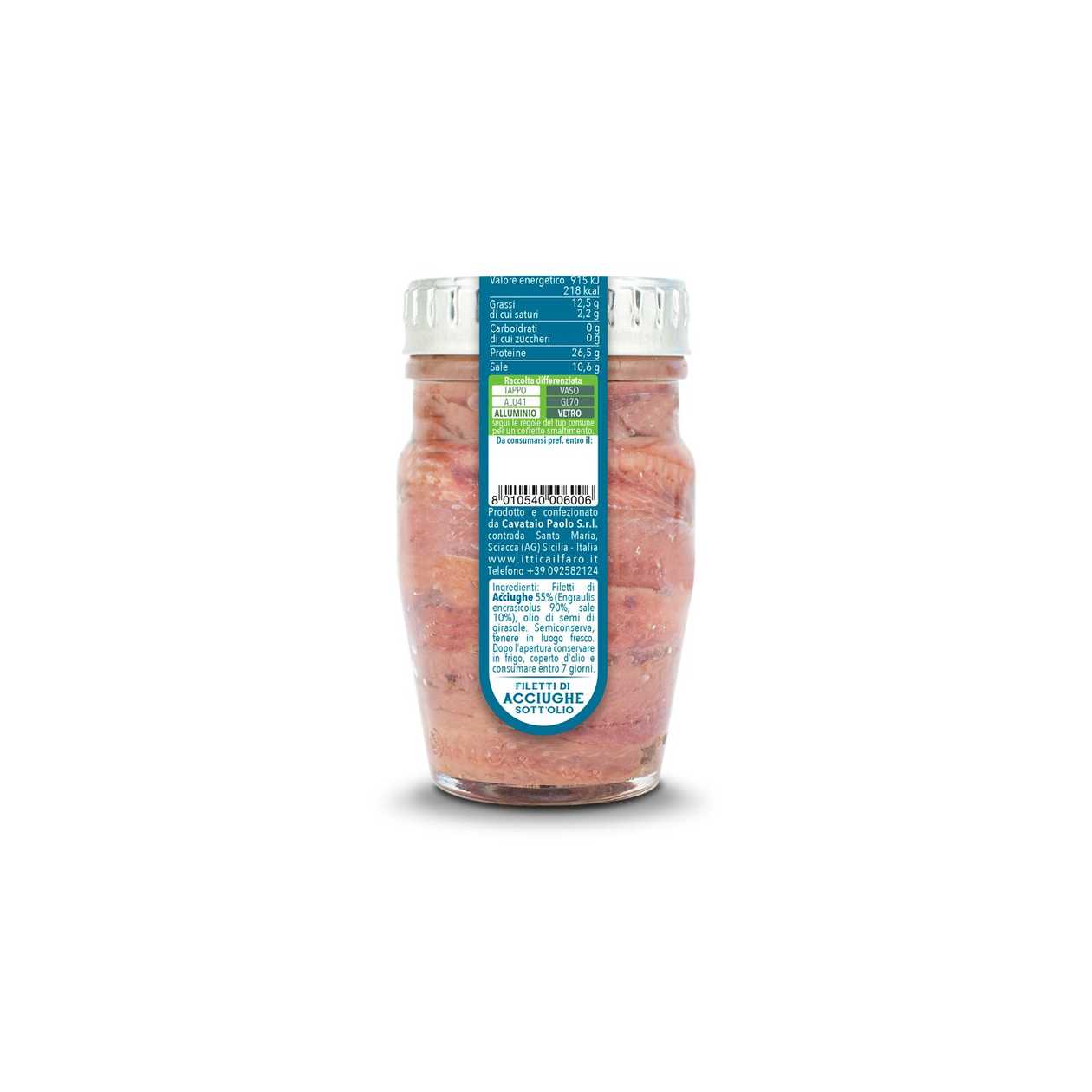 Anchovy fillets 55% (Engraulis encrasicolus 90%, salt 10%), sunflower seed oil Italy (80)