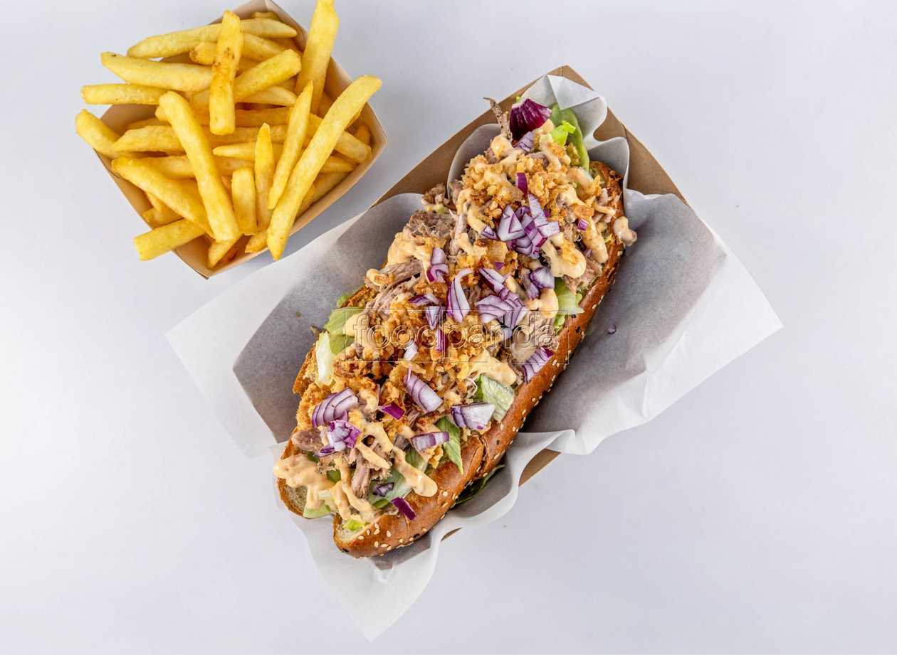 Baguette with shredded pork and Belgian fries
