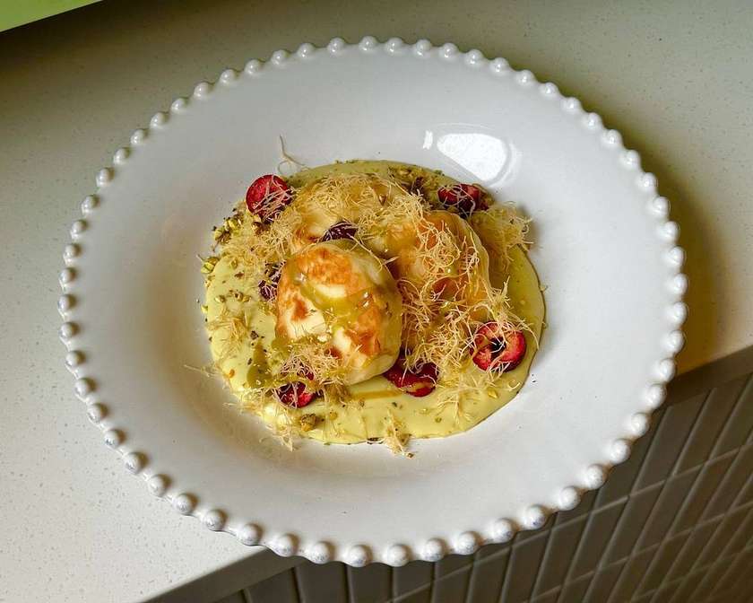 Cheese Pancakes with Pistachio Cream and Kataifi