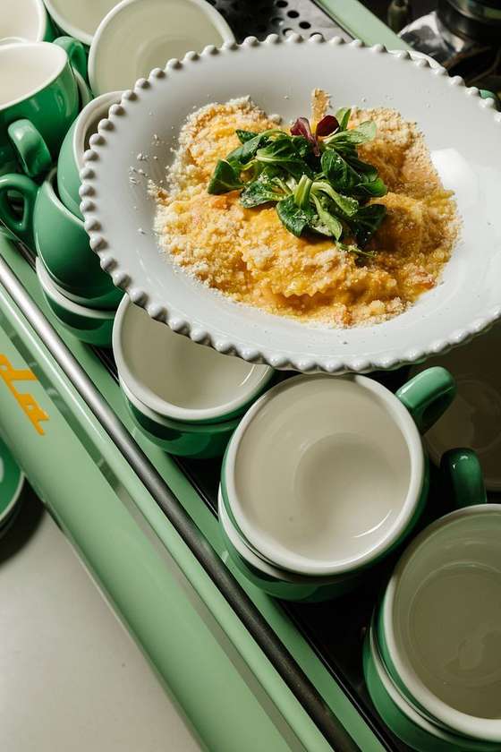 Ravioli with shrimp and saffron sauce