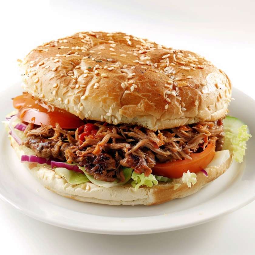 Burger with Pulled Beef, Lettuce and Pickled Cucumbers