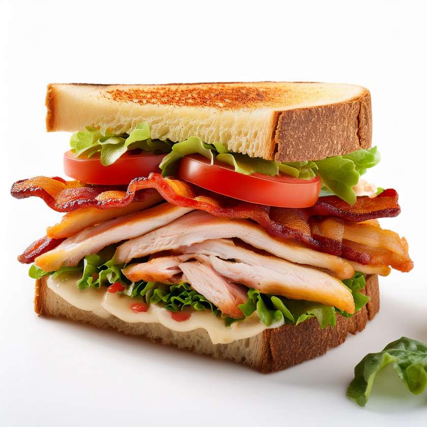 Chicken Club Sandwich with Fresh Vegetables and Fried Bacon