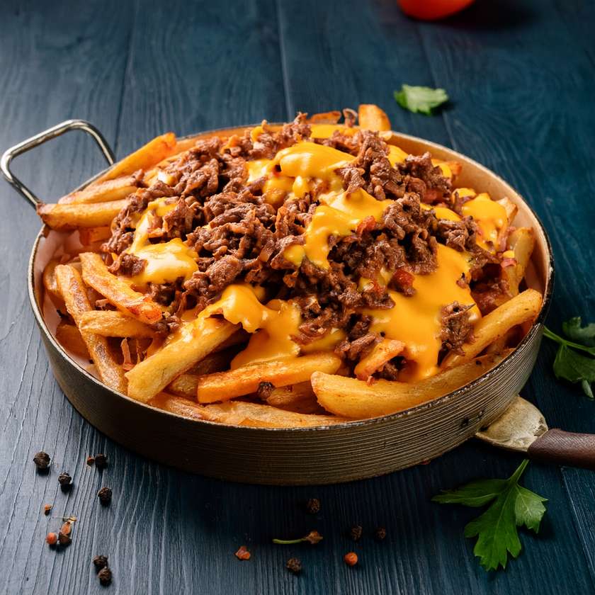 Fries Baked with Cheddar Cheese and Pulled Beef
