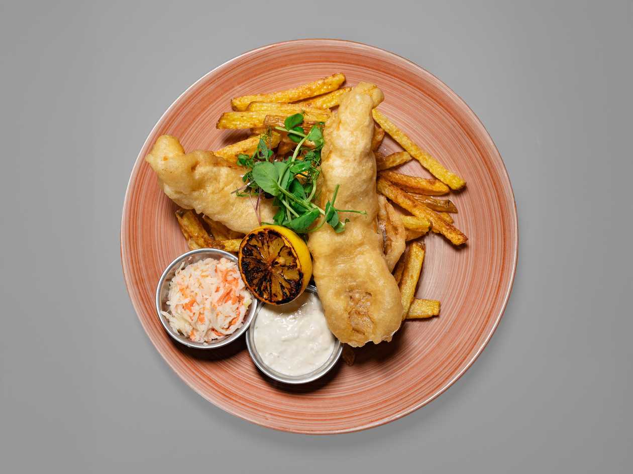 Fish 'N' Chips with Minted Pea Puree and Tartare Sauce