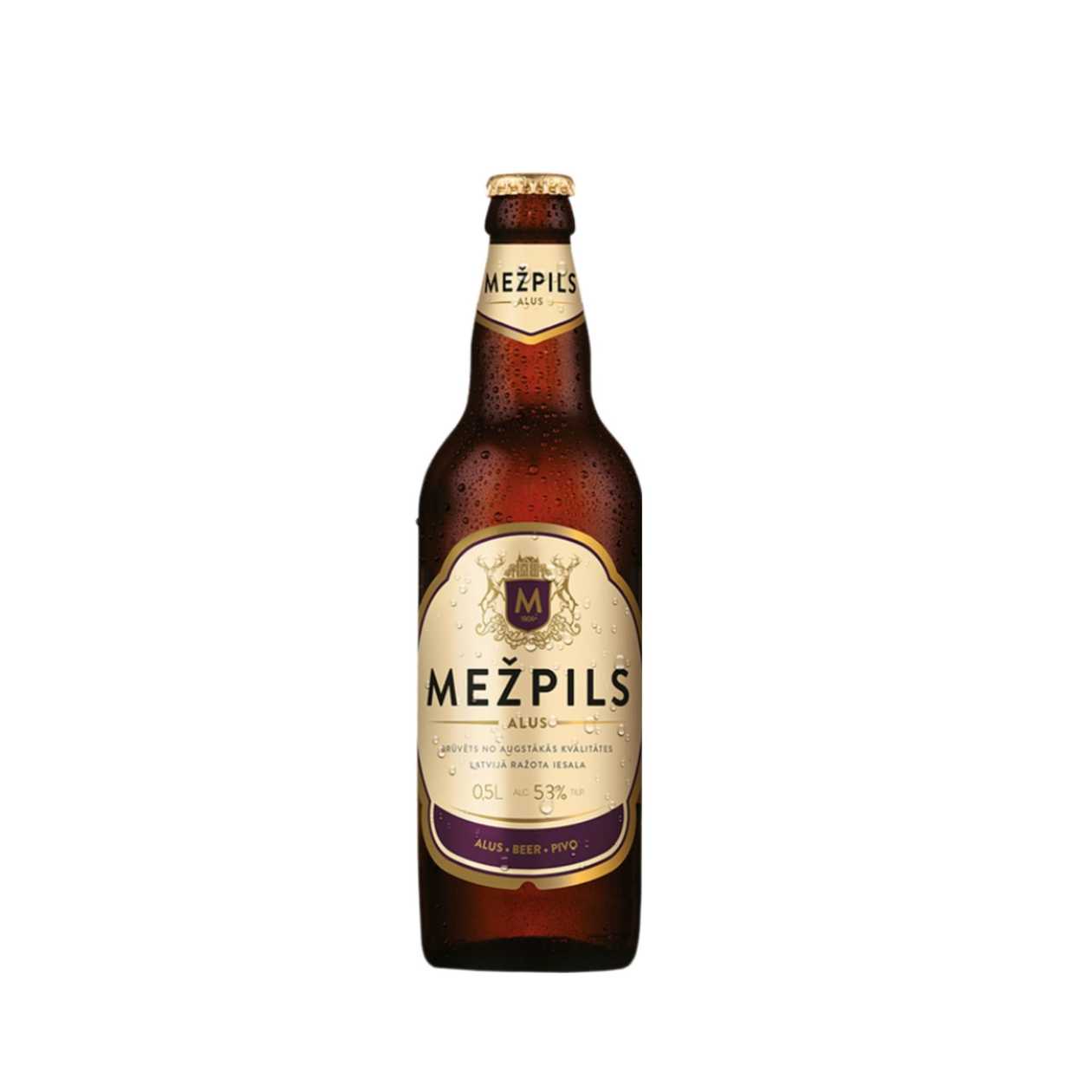 Mežpils Beer 5.3% 0.5l bottle.