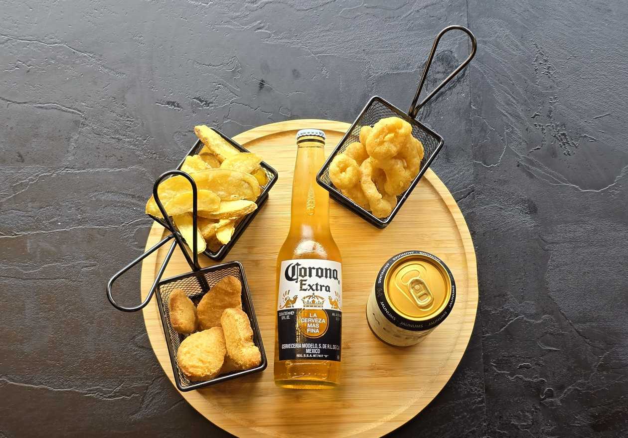 Snack and beer combo.