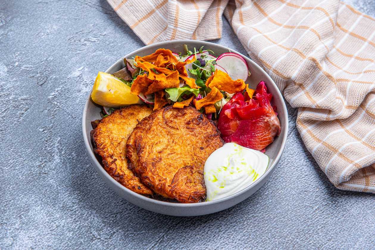 Potato pancakes with salted salmon