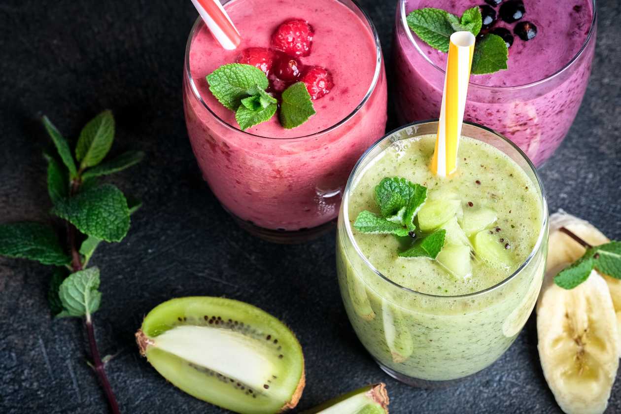Berry, fruit smoothie with coconut milk and honey.
