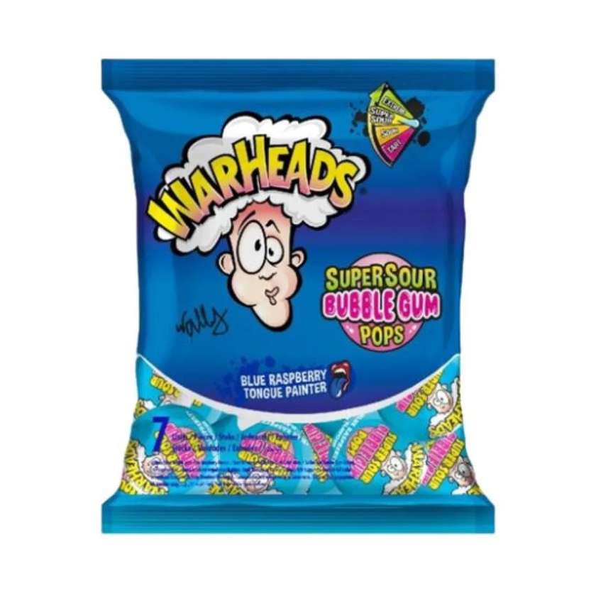 Warheads Super Sour Bubble Gum Pops Blue Raspberry 105g